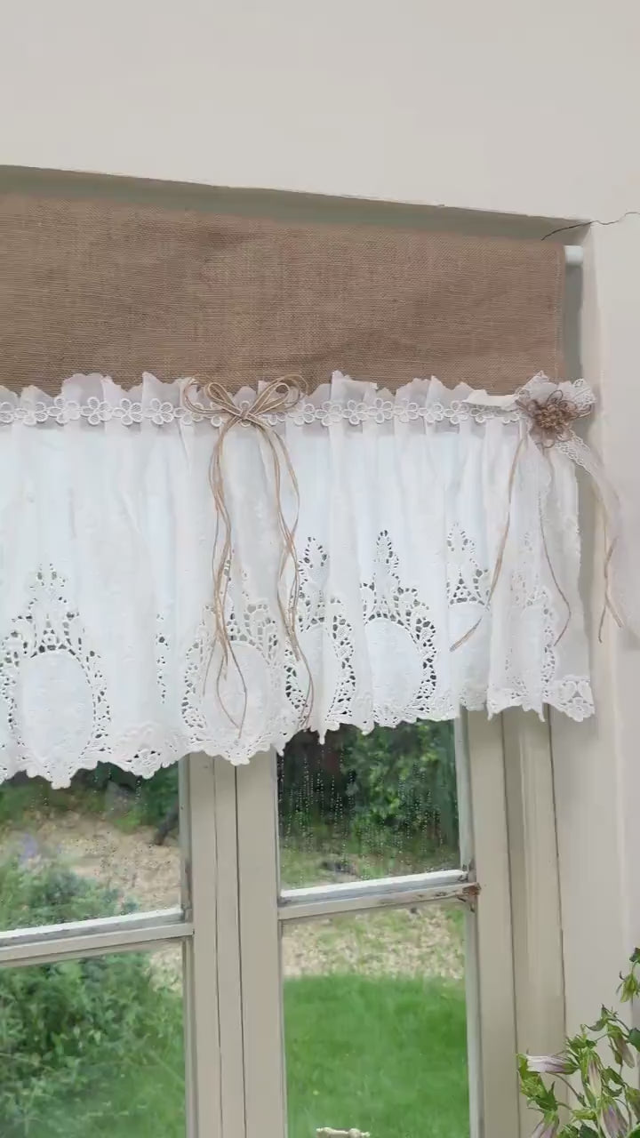 Vintage Rustic Cottage Window Curtains, Burlap Shabby White Lace Farmhouse Kitchen Valance, Cafe Curtain,  Window Treatment, H-20inch (50cm)