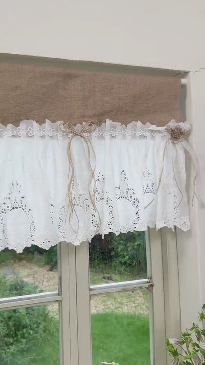 Vintage Rustic Cottage Window Curtains, Burlap Shabby White Lace Farmhouse Kitchen Valance, Cafe Curtain,  Window Treatment, H-20inch (50cm)