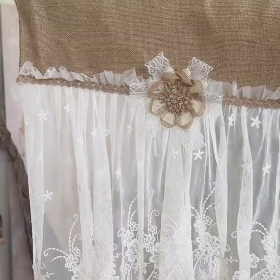 Shabby White Lace Curtain, Rustic Cottage Burlap Embroidered Tulle Window Valance, Farmhouse Kitchen Valance, Cafe Curtai, H-22inch (55cm)
