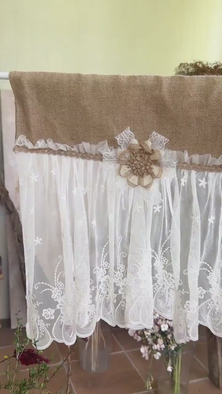 Shabby White Lace Curtain, Rustic Cottage Burlap Embroidered Tulle Window Valance, Farmhouse Kitchen Valance, Cafe Curtai, H-22inch (55cm)
