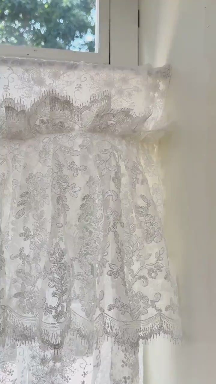 French Style Country Ruffled Curtains Valance, Rustic Cottage Shabby Chic Decor, Embroidered Flowers Lace Window Valance, H-22inch (56cm)