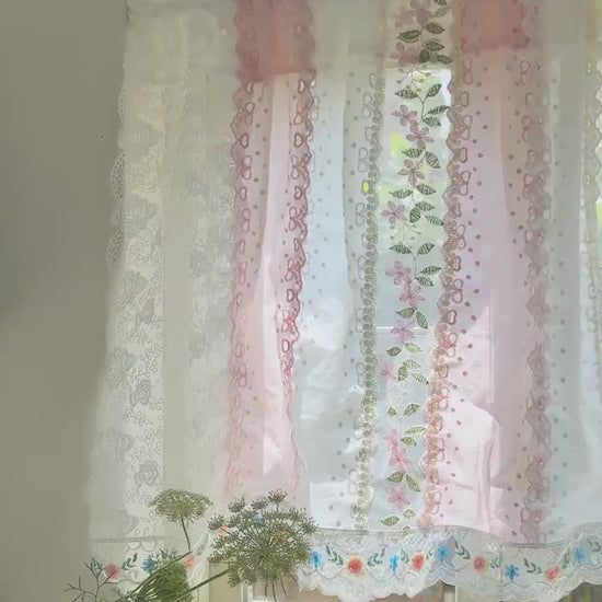 Handmade Floral Lace Curtain Valance, Shabby Chic Pink Blue Cottage Rustic Farmhouse Backdrop, Elegant Colorful Fabric Lace Curtains