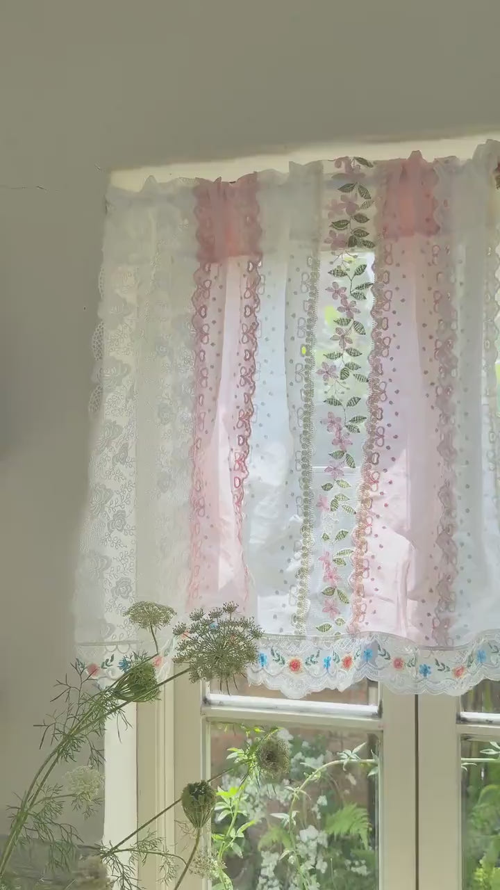 Handmade Floral Lace Curtain Valance, Shabby Chic Pink Blue Cottage Rustic Farmhouse Backdrop, Elegant Colorful Fabric Lace Curtains