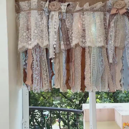 Custom Rustic Unique Burlap Beige Brown Blue Lace Valance, Farmhouse Country Kitchen Curtains, Shabby Chic Cafe Curtains, H-25inch (63cm)