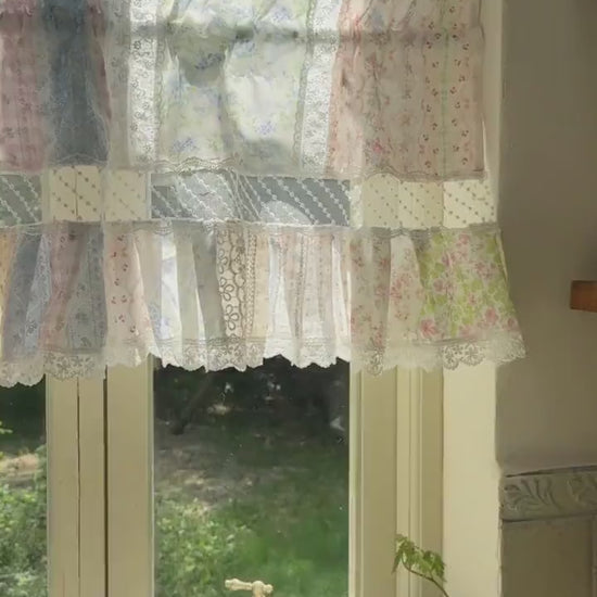 Vintage Floral Patchwork Ruffled Lace Valance,Victorian Cottage Cafe Curtain with Floral Embroidery and Lace Trim, Shabby Chic Lace Curtains
