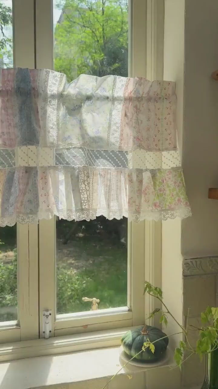 Vintage Floral Patchwork Ruffled Lace Valance,Victorian Cottage Cafe Curtain with Floral Embroidery and Lace Trim, Shabby Chic Lace Curtains