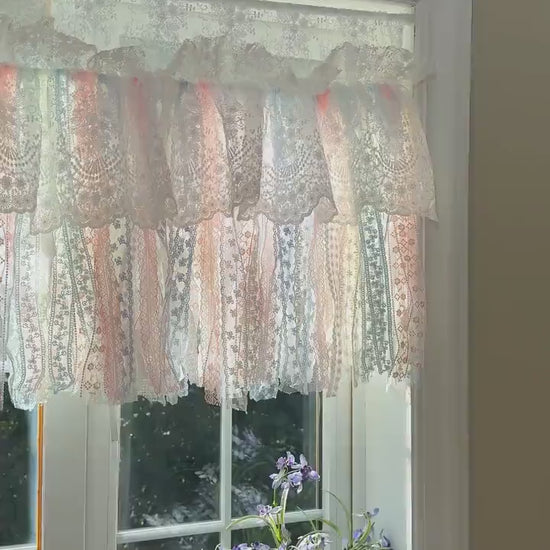 Romantic Dream White Pink Blue Lace Valance, Colorful Lace Fabric Farmhouse Country Kitchen Curtain, Shabby Chic Cafe Curtains, Custom Sizes