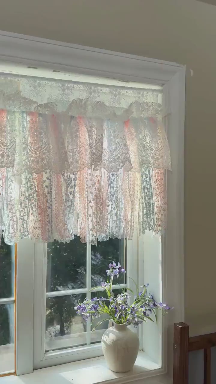 Romantic Dream White Pink Blue Lace Valance, Colorful Lace Fabric Farmhouse Country Kitchen Curtain, Shabby Chic Cafe Curtains, Custom Sizes