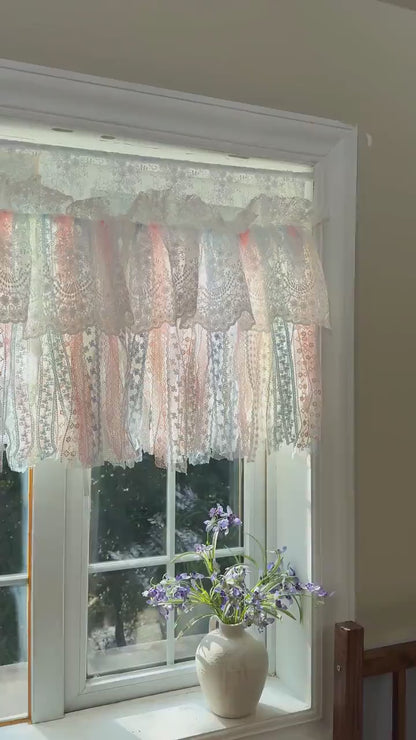 Romantic Dream White Pink Blue Lace Valance, Colorful Lace Fabric Farmhouse Country Kitchen Curtain, Shabby Chic Cafe Curtains, Custom Sizes