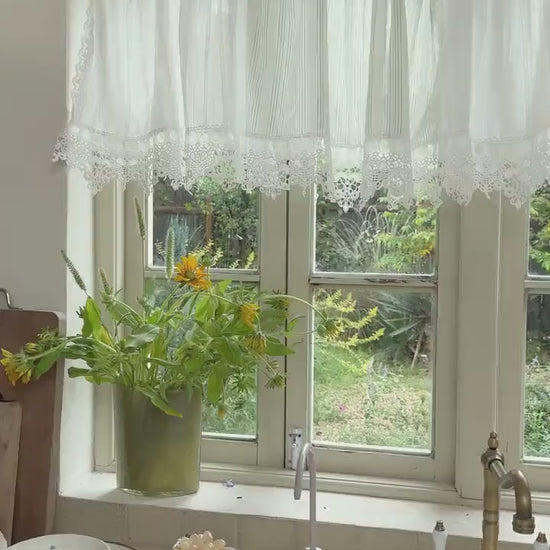 Unique Victorian Cottage Window Valance, Ruffled Lace Cotton Cafe Curtains, Patchwork White Green Stripes Farmhouse Kitchen and Lace Decor