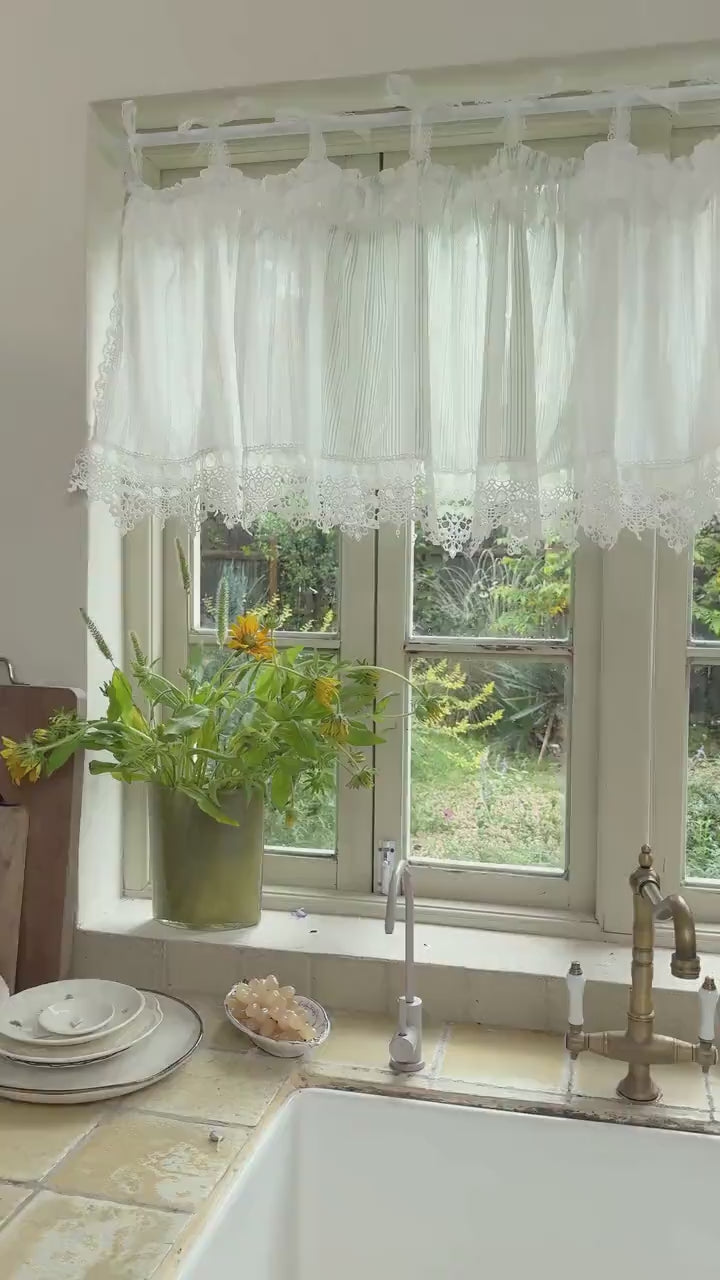 Unique Victorian Cottage Window Valance, Ruffled Lace Cotton Cafe Curtains, Patchwork White Green Stripes Farmhouse Kitchen and Lace Decor