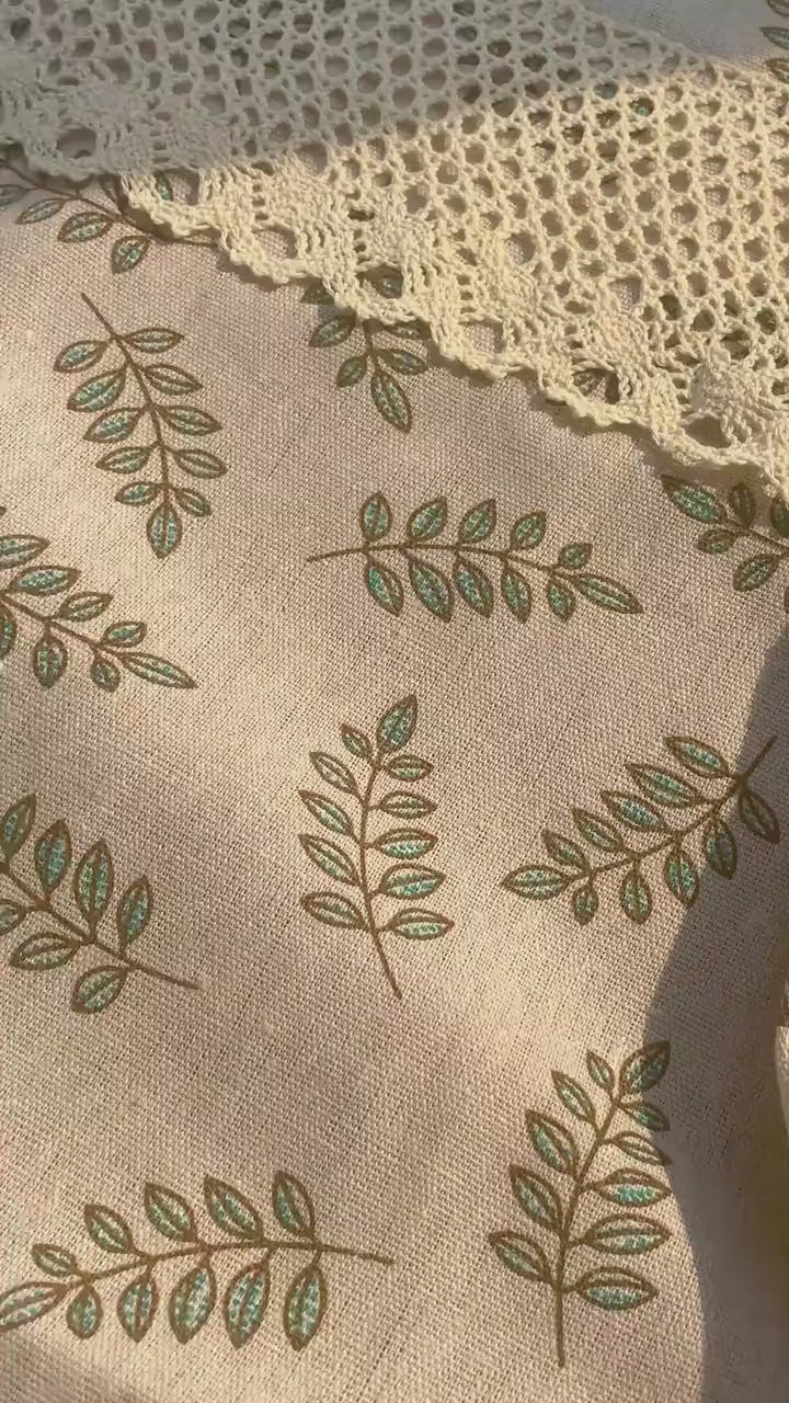 Green Leaf Print Cotton Linen Curtain: Rustic Farmhouse Decor