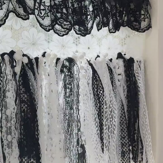 Custom Rustic Unique Burlap Black White Lace Bedroom Valance, Burlap Window Kitchen Swag Curtain, Shabby Chic Boho Curtains, H-25inch (63cm)