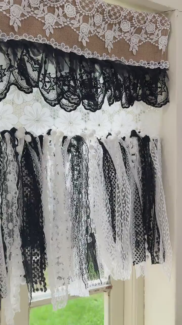 Custom Rustic Unique Burlap Black White Lace Bedroom Valance, Burlap Window Kitchen Swag Curtain, Shabby Chic Boho Curtains, H-25inch (63cm)