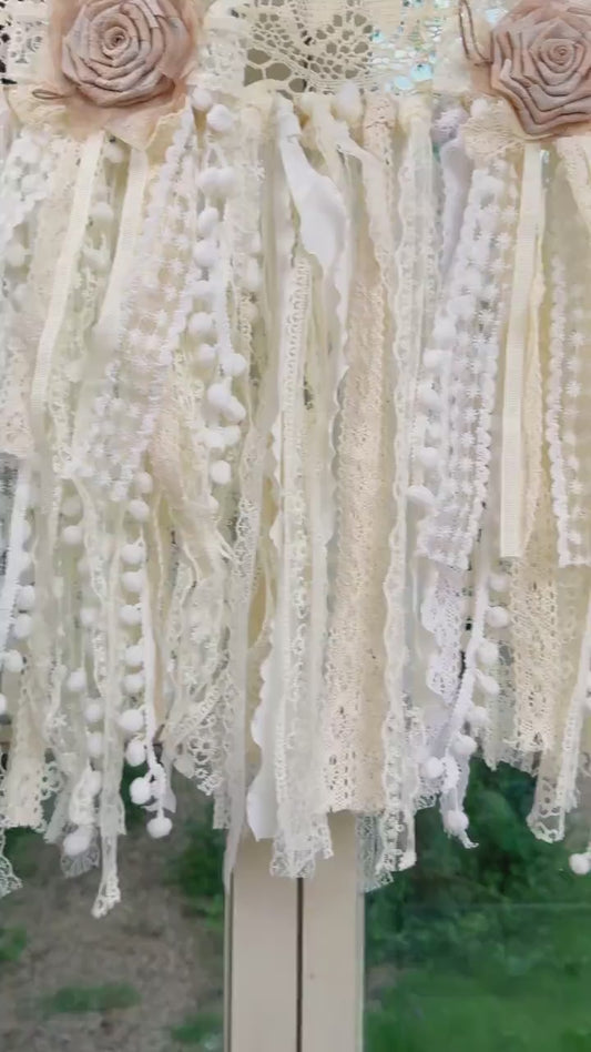Rustic Shabby Chic Boho Window Curtains Valance, Beige White Crochet Lace Cafe Curtain, Farmhouse Country Kitchen Curtains, H-25inch (63cm)