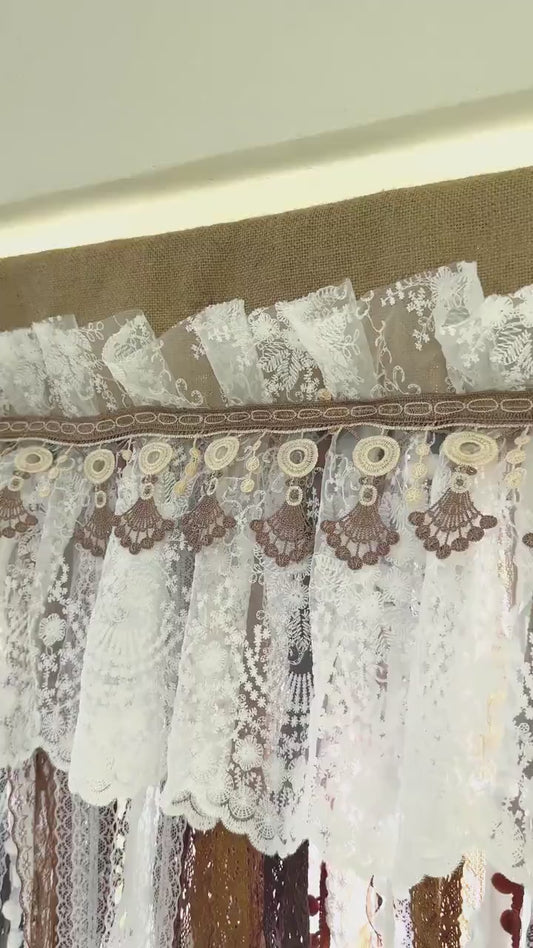 Burlap White Coffee Brown Lace Bedroom Valance, Rustic Unique Farmhouse Country Kitchen Curtain, Chabby Chic Cafe Curtains, H-25inch (63cm)