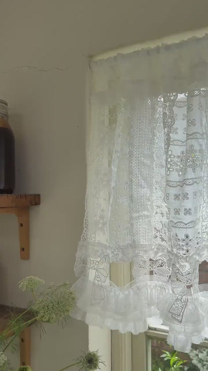 Victorian White Lace Patchwork Curtain, Handmade Romantic Boho Cafe Curtains, Shabby Chic French Cottage Window Panel Valance,H-27in (70cm)