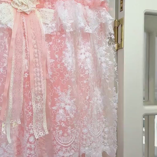 Custom Orange Pink & White Lace Curtains, French Style Embroidery Flowers Valance, Shabby Chic Boho Window Curtains Valance, Cafe Curtains