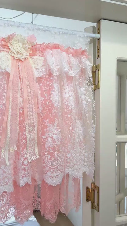 Custom Orange Pink & White Lace Curtains, French Style Embroidery Flowers Valance, Shabby Chic Boho Window Curtains Valance, Cafe Curtains