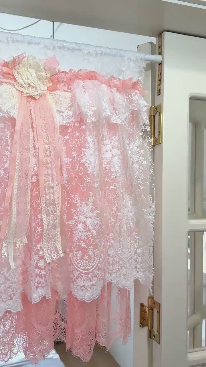 Custom Orange Pink & White Lace Curtains, French Style Embroidery Flowers Valance, Shabby Chic Boho Window Curtains Valance, Cafe Curtains