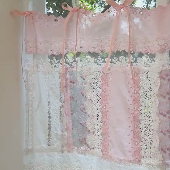 Mediterranean Chic Shabby Vintage Lace Fringed Curtain Valance, Light Pink Backdrop Decor, Embroidery Floral Patchwork Curtain,H-24in (60cm)