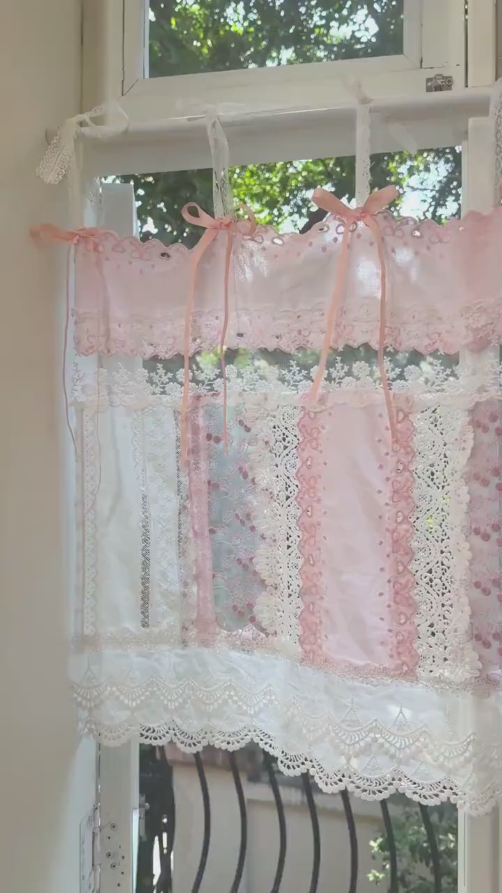 Mediterranean Chic Shabby Vintage Lace Fringed Curtain Valance, Light Pink Backdrop Decor, Embroidery Floral Patchwork Curtain,H-24in (60cm)