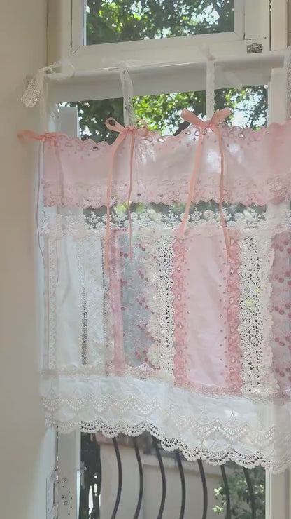 Mediterranean Chic Shabby Vintage Lace Fringed Curtain Valance, Light Pink Backdrop Decor, Embroidery Floral Patchwork Curtain,H-24in (60cm)