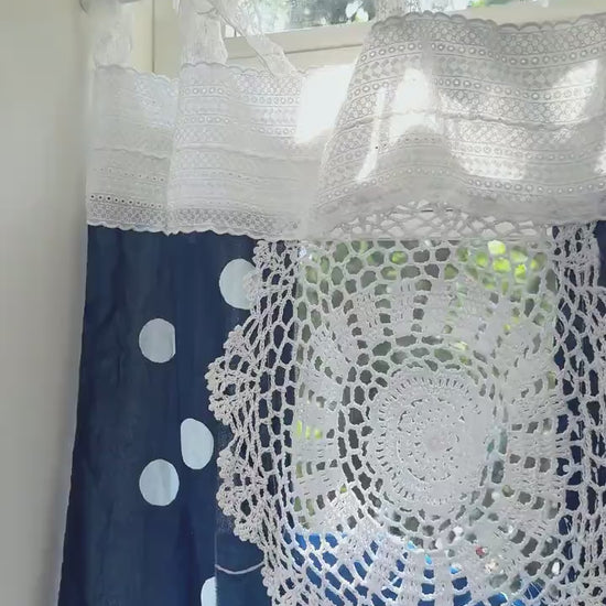 Shabby Chic Tie-dye Blue White Patchwork Lace Curtain Handmade with Mixed Crochet Pattern & Ruffled, Boho Hippie Curtains, H-27in(70cm)