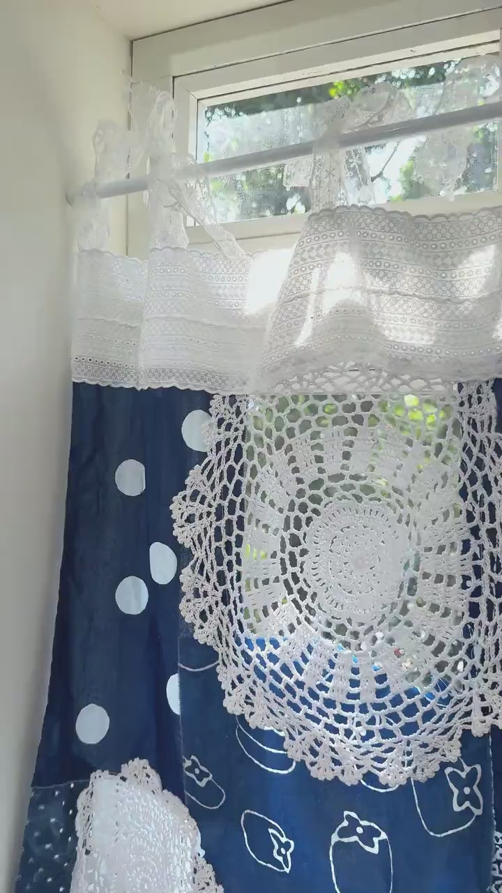 Shabby Chic Tie-dye Blue White Patchwork Lace Curtain Handmade with Mixed Crochet Pattern & Ruffled, Boho Hippie Curtains, H-27in(70cm)