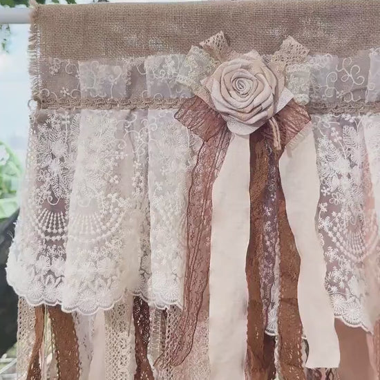 Custom Rustic Unique Burlap Beige Brown Lace Bedroom Valance, Farmhouse Country Kitchen Curtain, Shabby Chic Cafe Curtain, H-25inch (63cm)