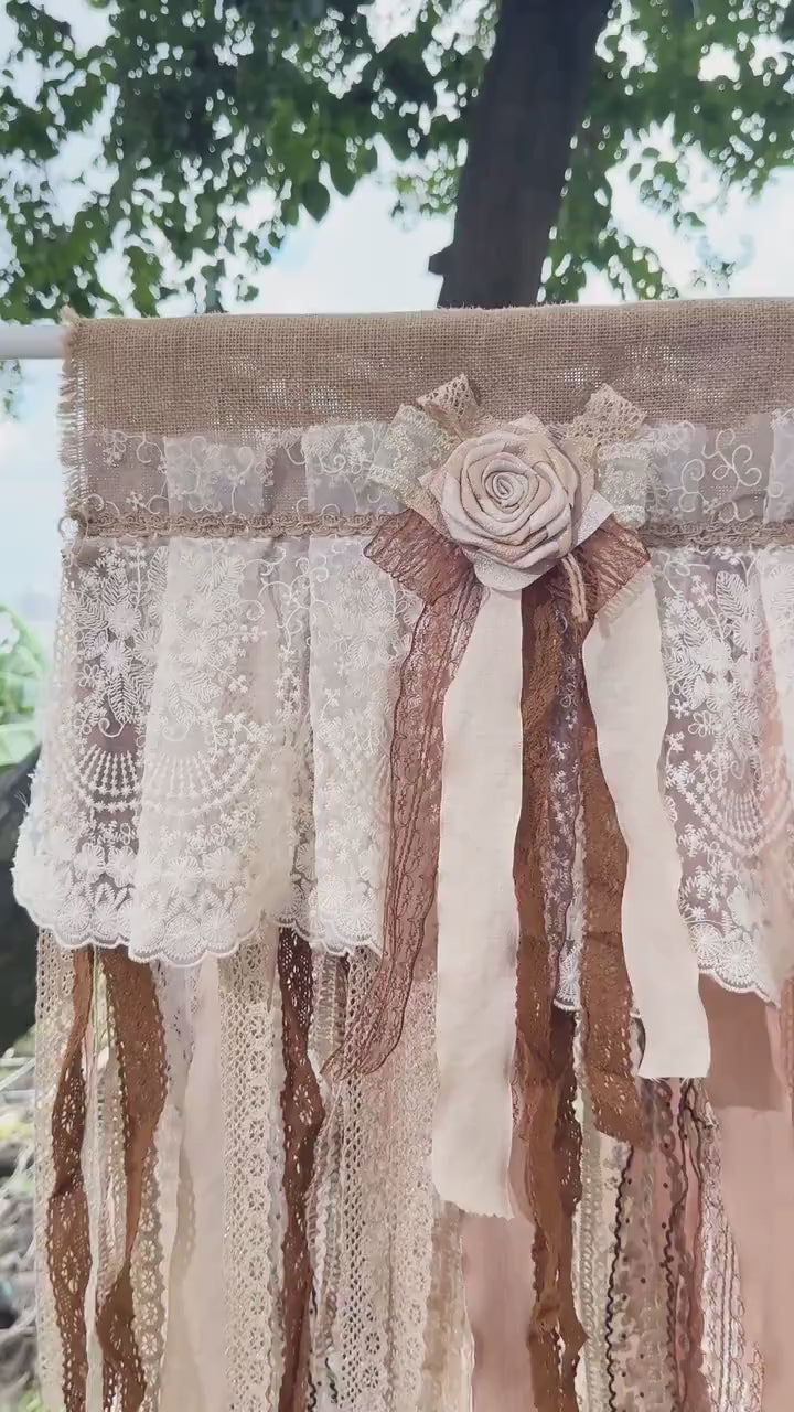 Custom Rustic Unique Burlap Beige Brown Lace Bedroom Valance, Farmhouse Country Kitchen Curtain, Shabby Chic Cafe Curtain, H-25inch (63cm)