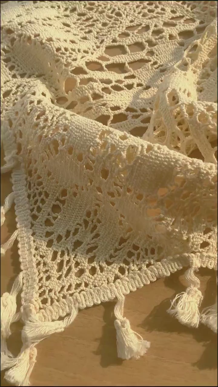 Beige Lace Crochet Hollow Stripes Short Curtains, Flower Cafe Curtains with Tassel, Country Farmhouse Kitchen Half Curtains, Gifts