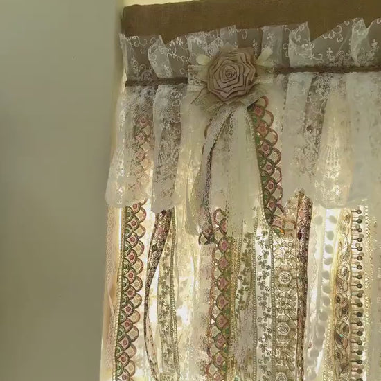 Custom Rustic Burlap Beige White Glod  Lace Valance, Boho Chic Vintage Kitchen Bedroom Decor, Shabby Chic Cafe Curtains, H-25in(63cm)