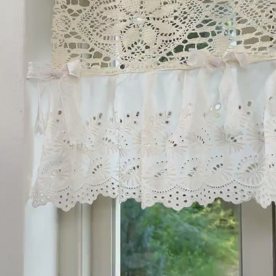 Shabby Chic Lace Tie Top Beige Crochet Valance, Victorian Window Topper for Cottage Farmhouse Kitchen Decor, Ruffled Curtain,H-14inch (36cm)