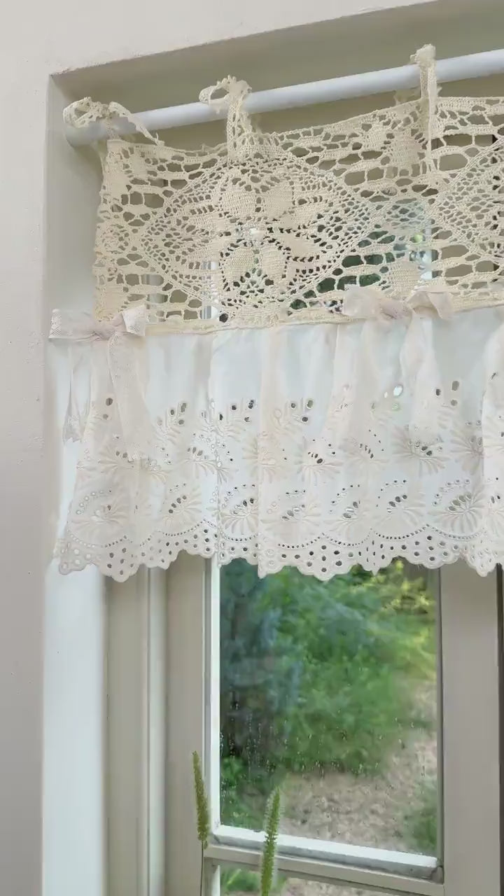 Shabby Chic Lace Tie Top Beige Crochet Valance, Victorian Window Topper for Cottage Farmhouse Kitchen Decor, Ruffled Curtain,H-14inch (36cm)