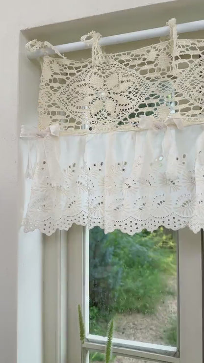 Shabby Chic Lace Tie Top Beige Crochet Valance, Victorian Window Topper for Cottage Farmhouse Kitchen Decor, Ruffled Curtain,H-14inch (36cm)
