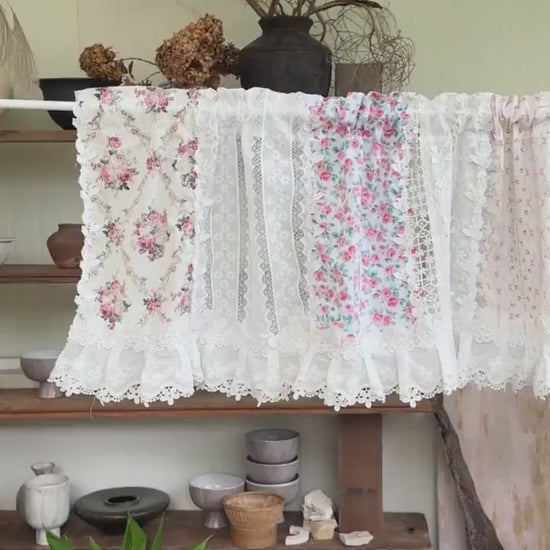 Pastel Floral Patchwork Ruffled Lace Valance, Victorian Cottage Cafe Curtain with Floral Embroidery and Lace Trim, Shabby Chic Lace Curtains