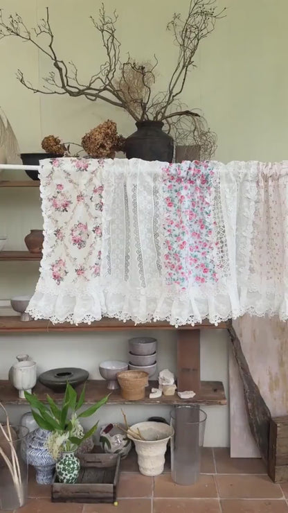 Pastel Floral Patchwork Ruffled Lace Valance, Victorian Cottage Cafe Curtain with Floral Embroidery and Lace Trim, Shabby Chic Lace Curtains