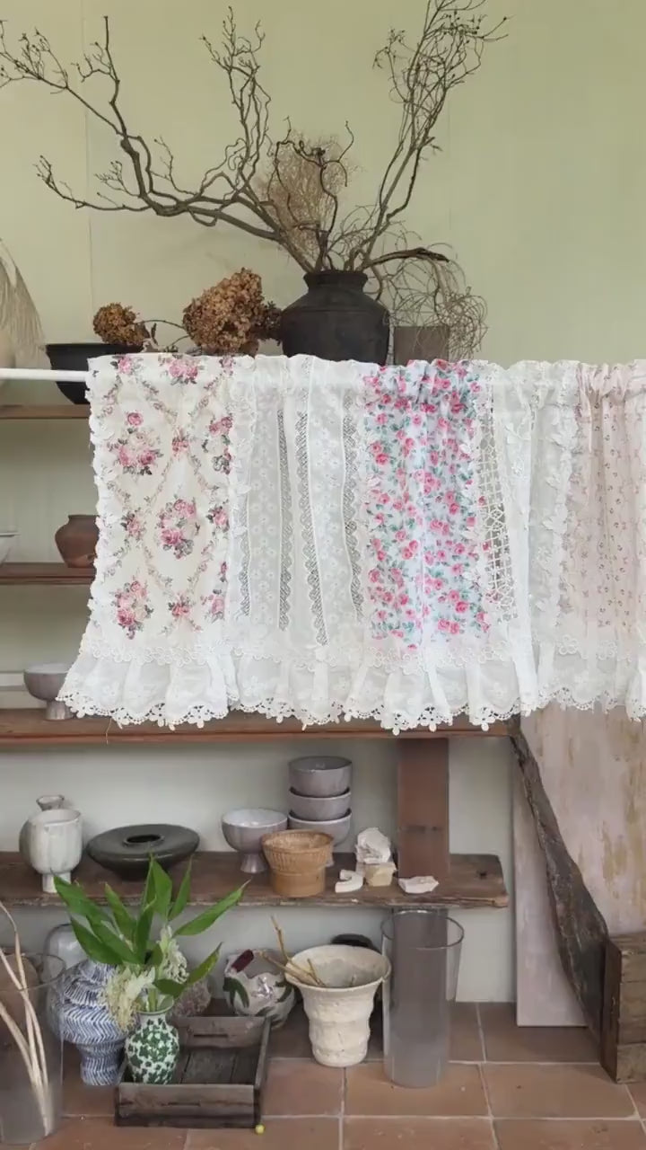 Pastel Floral Patchwork Ruffled Lace Valance, Victorian Cottage Cafe Curtain with Floral Embroidery and Lace Trim, Shabby Chic Lace Curtains