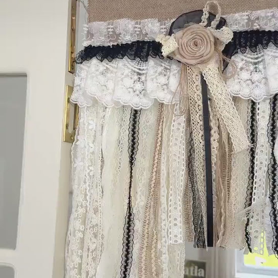 Rustic Unique Burlap Beige Black Lace Valance, Burlap Farmhouse Kitchen Swag Window Curtain, Shabby Burlap Beige Lace Curtain, Custom Sizes