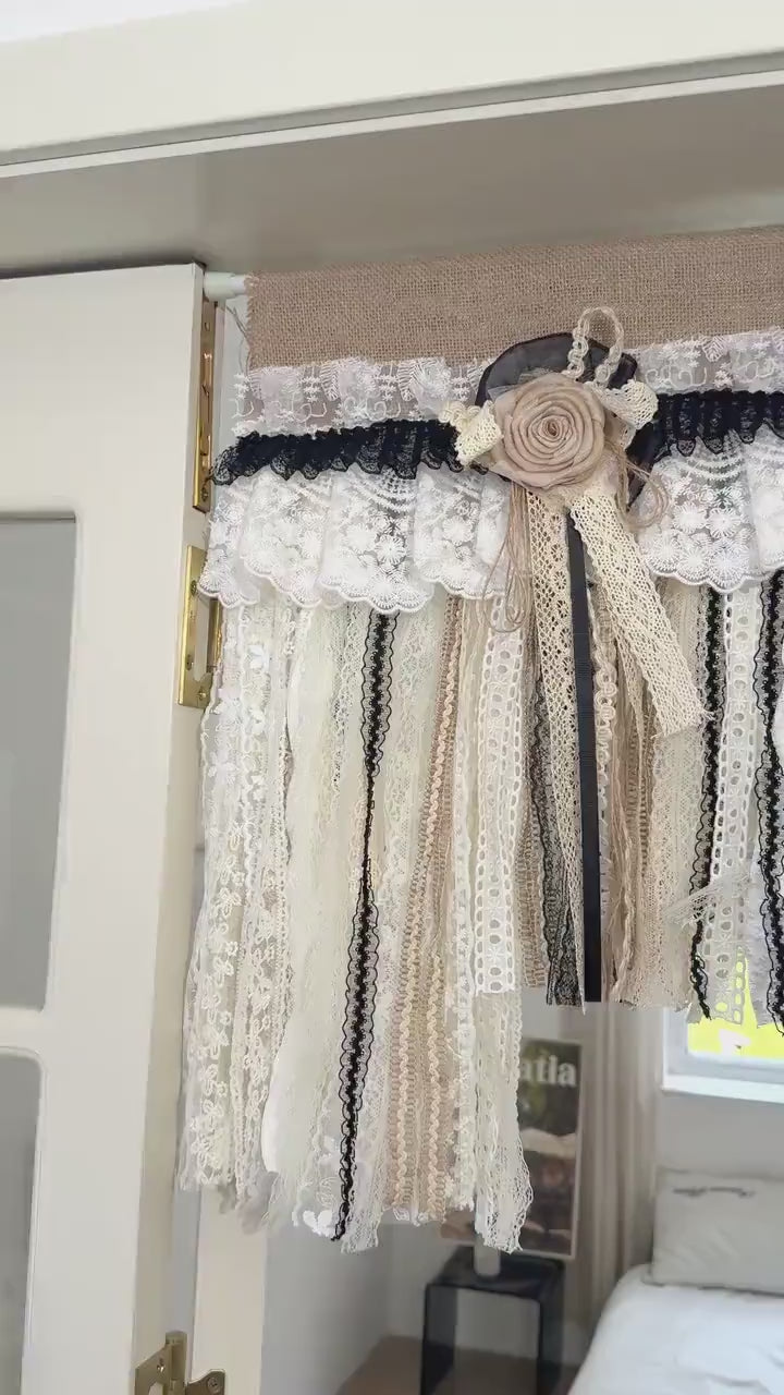 Rustic Unique Burlap Beige Black Lace Valance, Burlap Farmhouse Kitchen Swag Window Curtain, Shabby Burlap Beige Lace Curtain, Custom Sizes