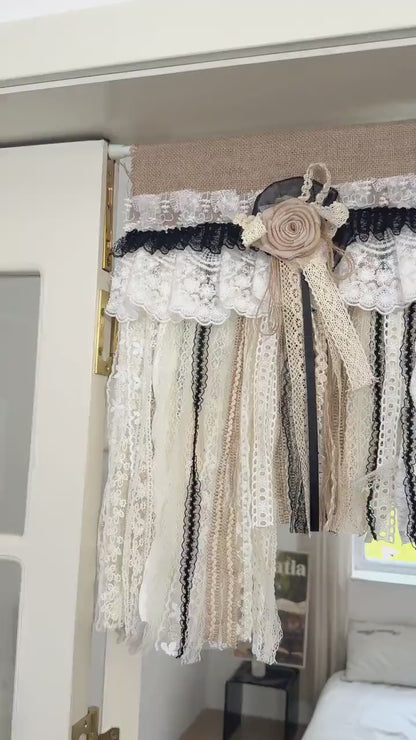 Rustic Unique Burlap Beige Black Lace Valance, Burlap Farmhouse Kitchen Swag Window Curtain, Shabby Burlap Beige Lace Curtain, Custom Sizes