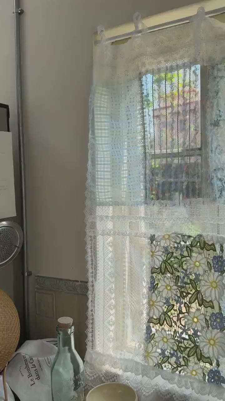 Elegant Patchwork Lace Floral Embroidery Curtains, Country Farmhouse Kitchen Living Room Valance, Patchwork Café Curtain, Window Treatment