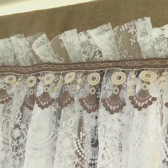 Burlap White Coffee Brown Lace Bedroom Valance, Rustic Unique Farmhouse Country Kitchen Curtain, Chabby Chic Cafe Curtains, H-25inch (63cm)