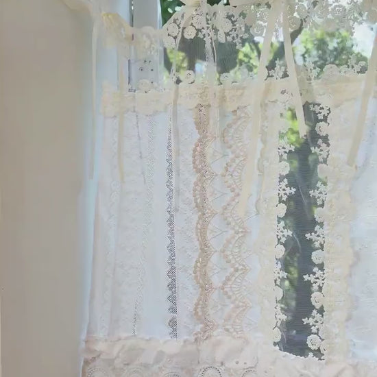 Romantic White Ivory Begie Patchwork Lace Curtain, Shabby Chic French Style Valance, Farmhouse Kitchen Curtain, Cafe Curtains, H-26in (65cm)
