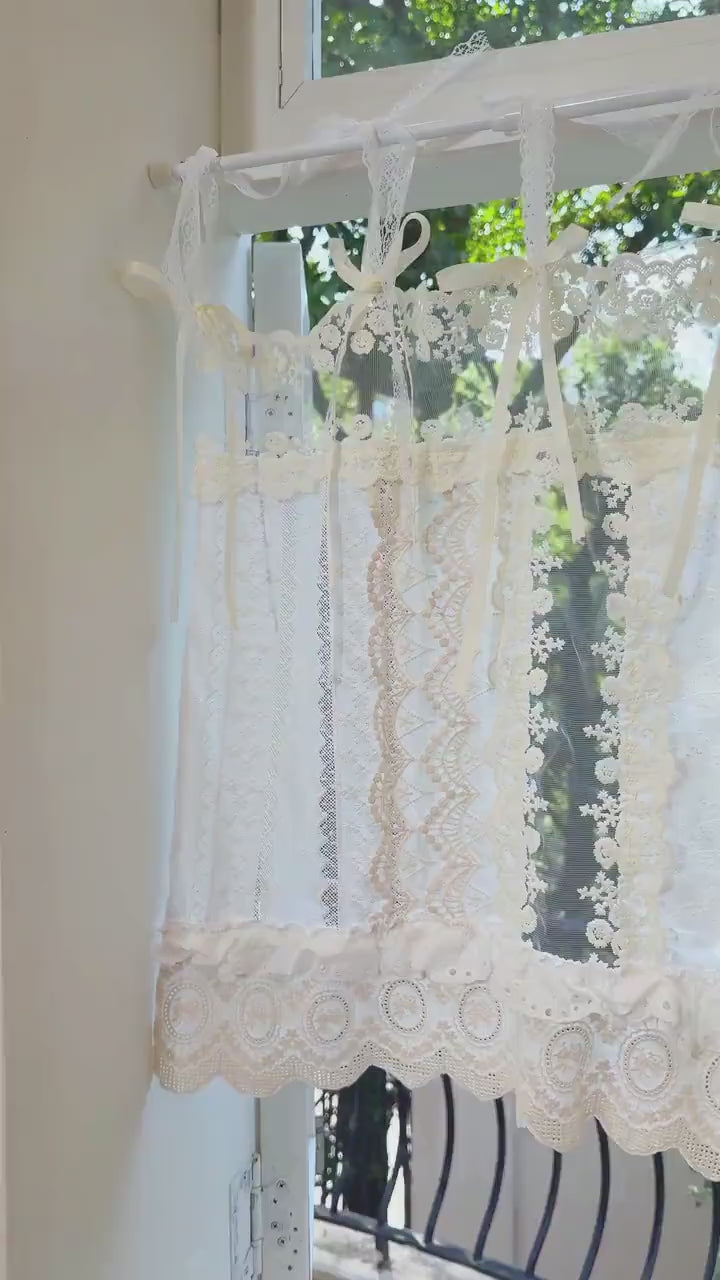 Romantic White Ivory Begie Patchwork Lace Curtain, Shabby Chic French Style Valance, Farmhouse Kitchen Curtain, Cafe Curtains, H-26in (65cm)