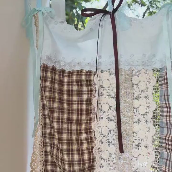 Handmade Blue Brown Patchwork Lace Curtain Valance, Gingham Cafe Curtains with Embroidery Lace, Farmhouse Kitchen Curtains, H-26in (65cm)