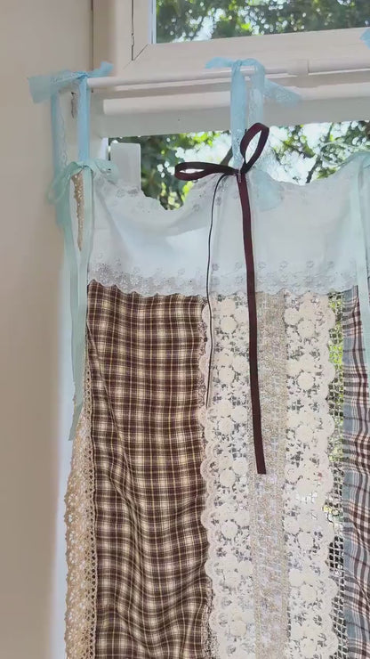 Handmade Blue Brown Patchwork Lace Curtain Valance, Gingham Cafe Curtains with Embroidery Lace, Farmhouse Kitchen Curtains, H-26in (65cm)