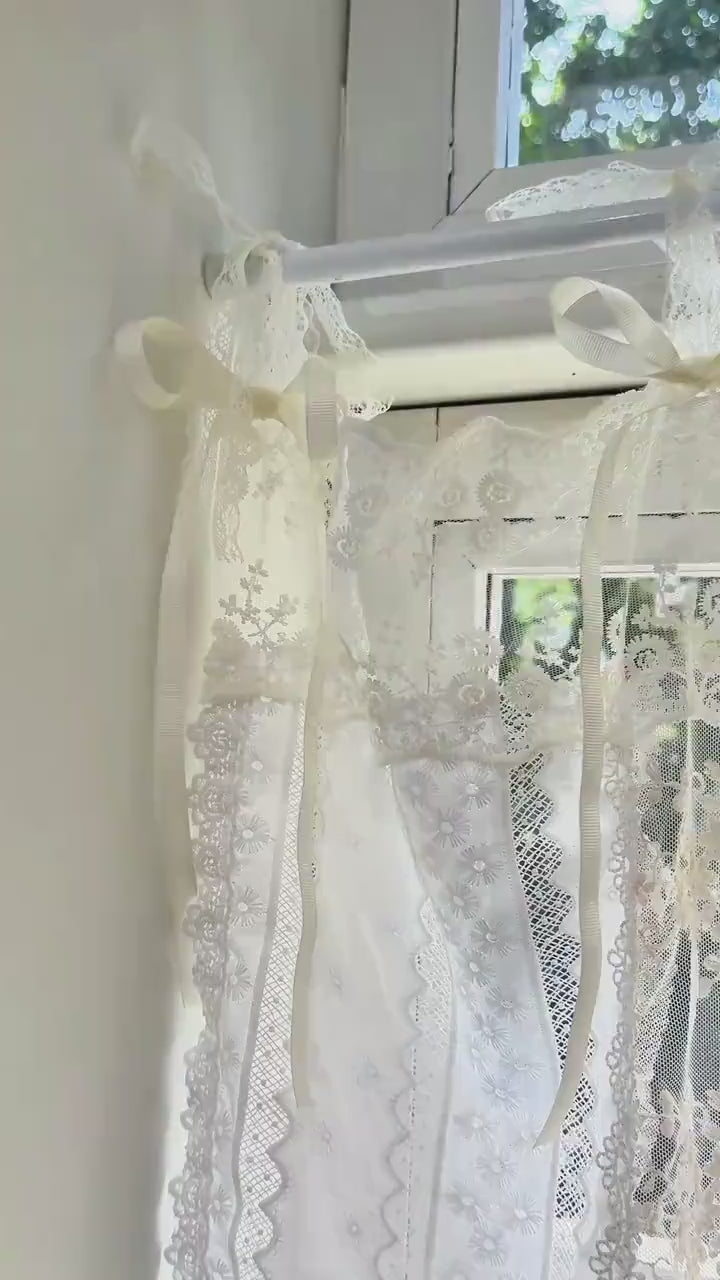 Romantic White Ivory Begie Patchwork Flowers Lace Curtain, Shabby French Style Valance, Farmhouse Kitchen and Cafe Curtains, H-26in (65cm)