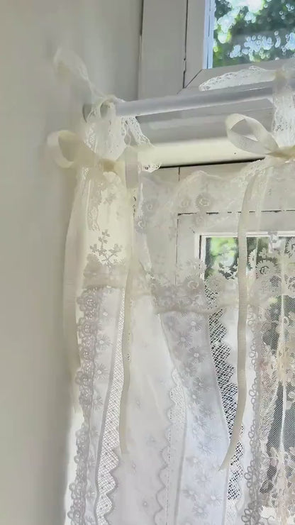 Romantic White Ivory Begie Patchwork Flowers Lace Curtain, Shabby French Style Valance, Farmhouse Kitchen and Cafe Curtains, H-26in (65cm)